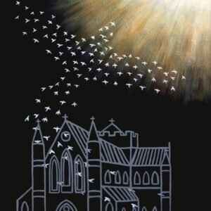 Freedom from a religious spirit Christian artwork. Doves flying out of a church.
