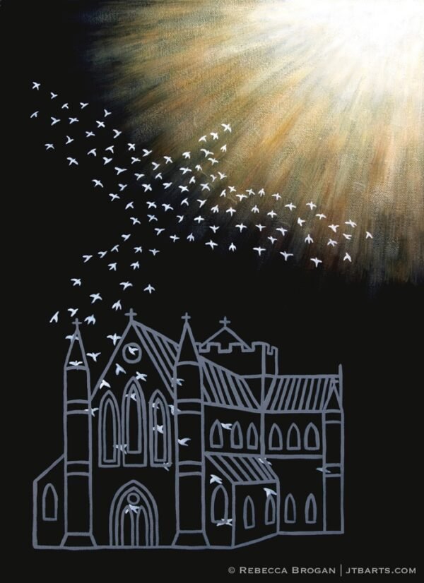 Freedom from a religious spirit Christian artwork. Doves flying out of a church.