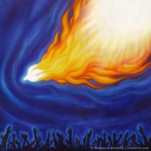 Holy Spirit fire descending on people who worship in spirit and in truth. Christian artwork.