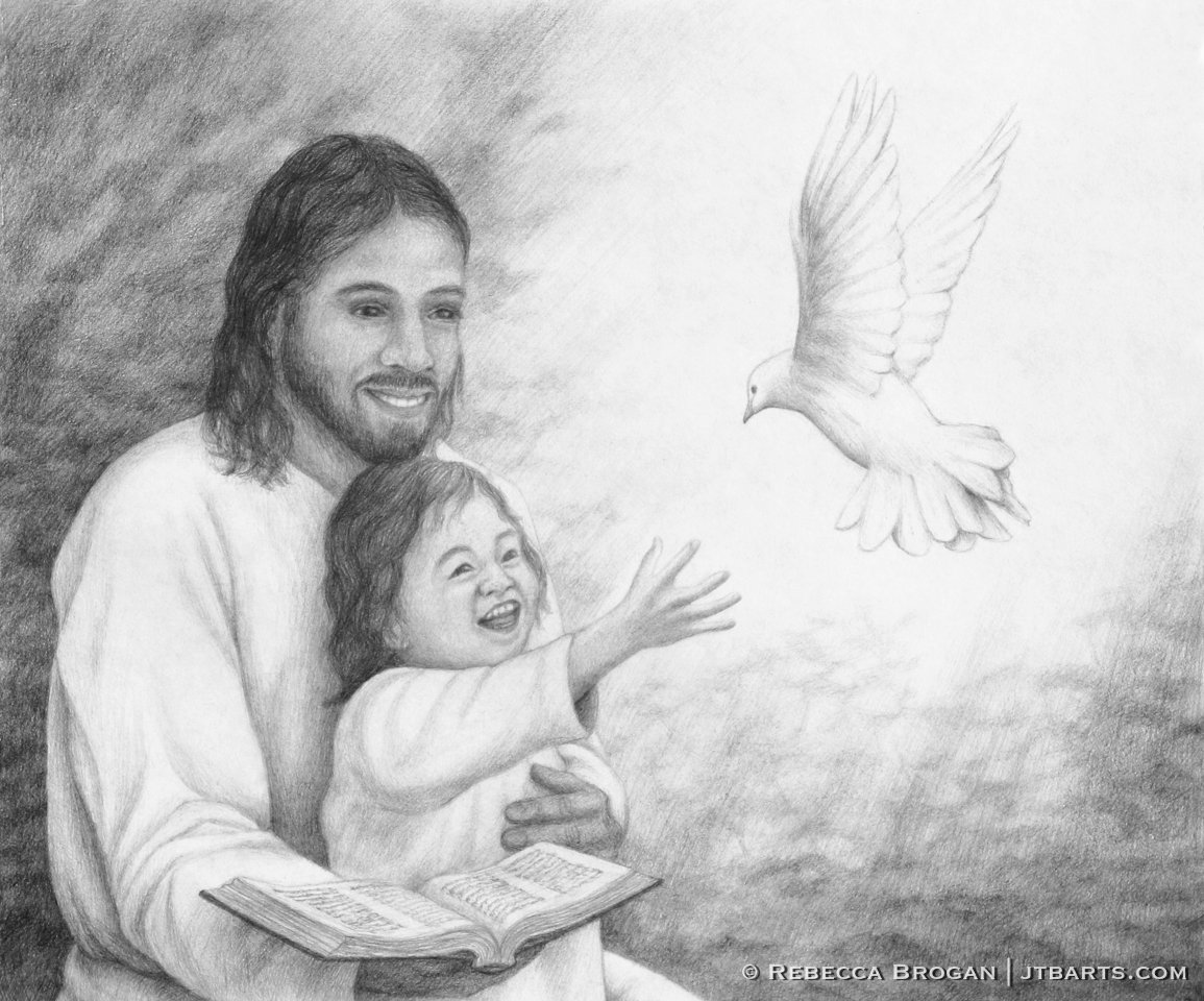 Jesus holding a little child who is reaching up to the Holy Spirit as a dove. Christian artwork.