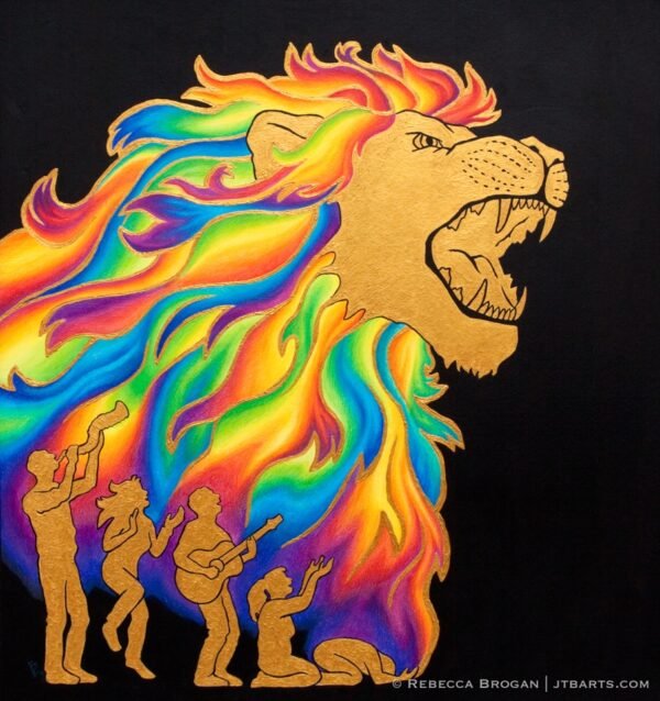 Lion of the tribe of Judah roaring. Rainbow colors of Christian praise and worship in his mane. People worshiping in spirit and truth.