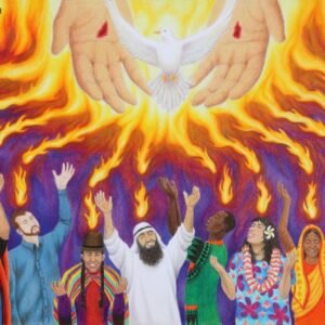 Pentecost Holy Spirit descending in fire, Acts 2. People of every tribe, nation, people, tongue, language, receiving the Holy Spirit. Revelation 5:9.