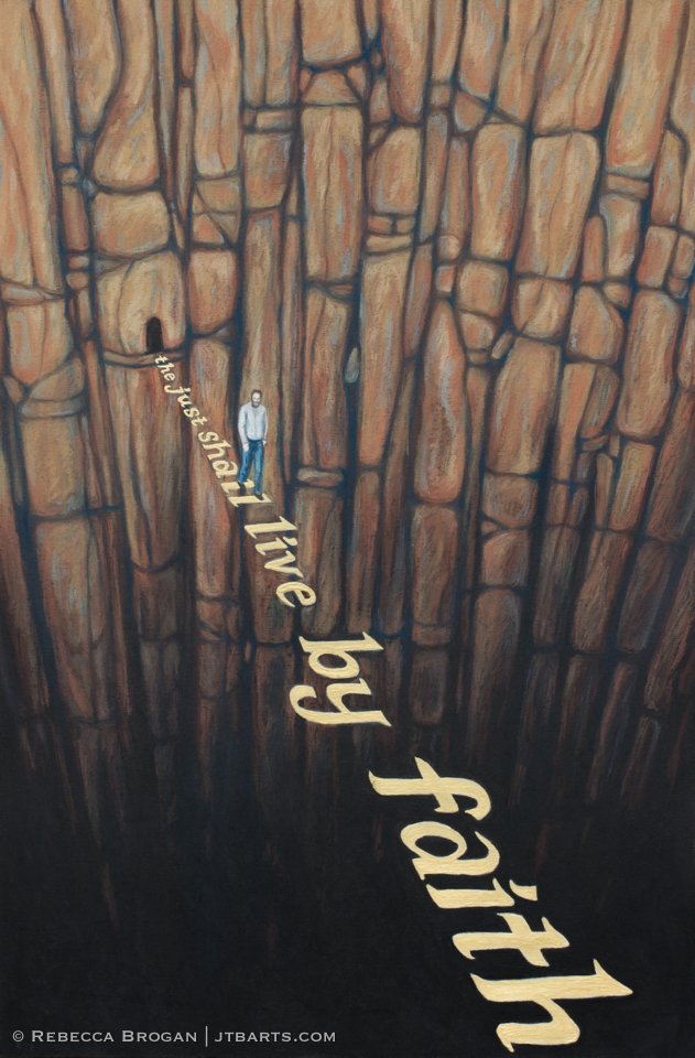 The just shall live by faith, Habakkuk 2:4 Christian artwork. A man is walking by faith in the word of God over a chasm.
