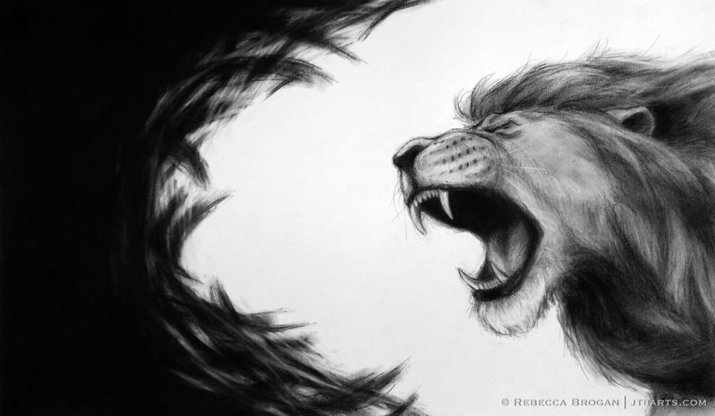 Lion of Judah roaring away darkness. Christian artwork.