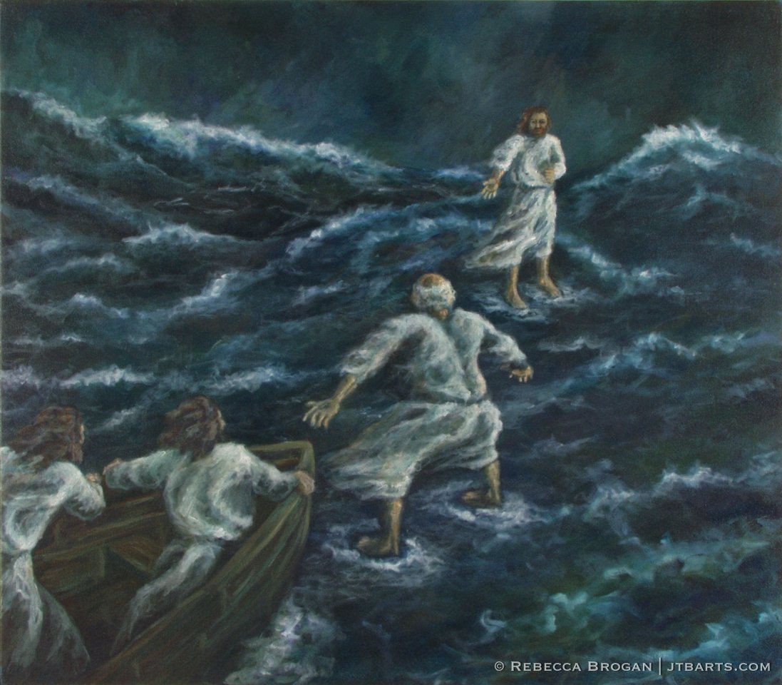 Peter walking on water and Jesus walking on water. Christian artwork image.