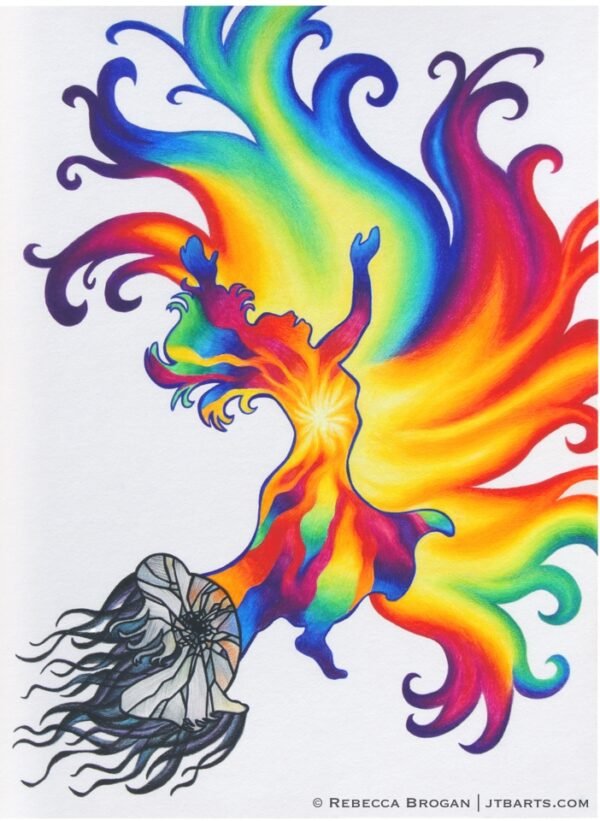 Psalm 30:11 You have turned my wailing, mourning into dancing and clothed me with garments of joy Christian artwork. Mourning woman turning to dancing with rainbow colors.