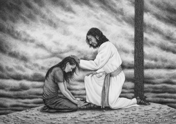 Person kneeling at the foot of the cross repenting. Jesus forgiving a sinner.