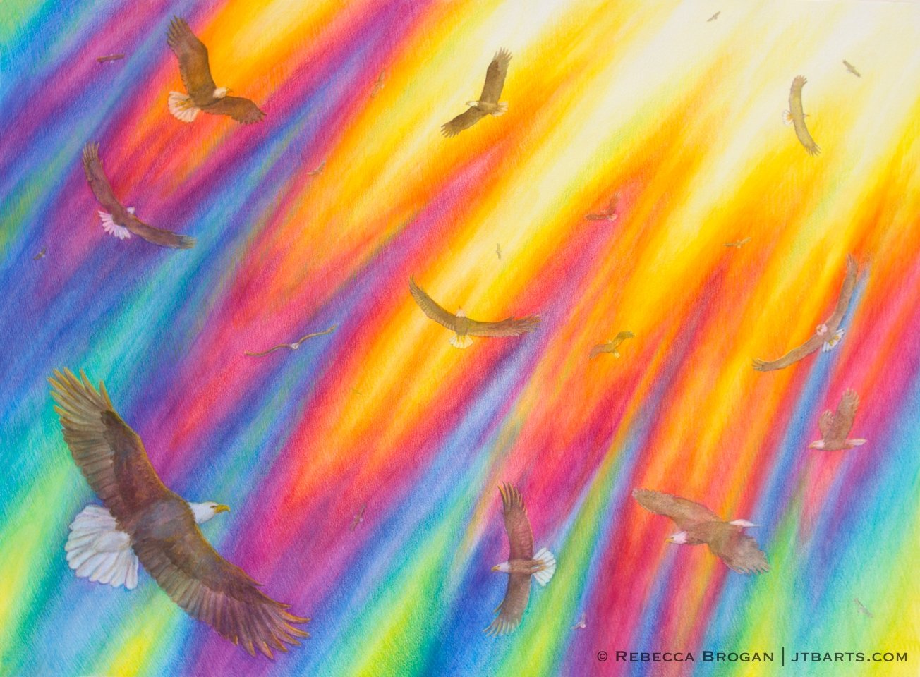 Eagles soaring in God's presence with a rainbow around his throne. Prophetic Christian artwork.