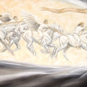 Intercessory prayer artwork of an intercessor interceding with an army of angels in spiritual warfare.