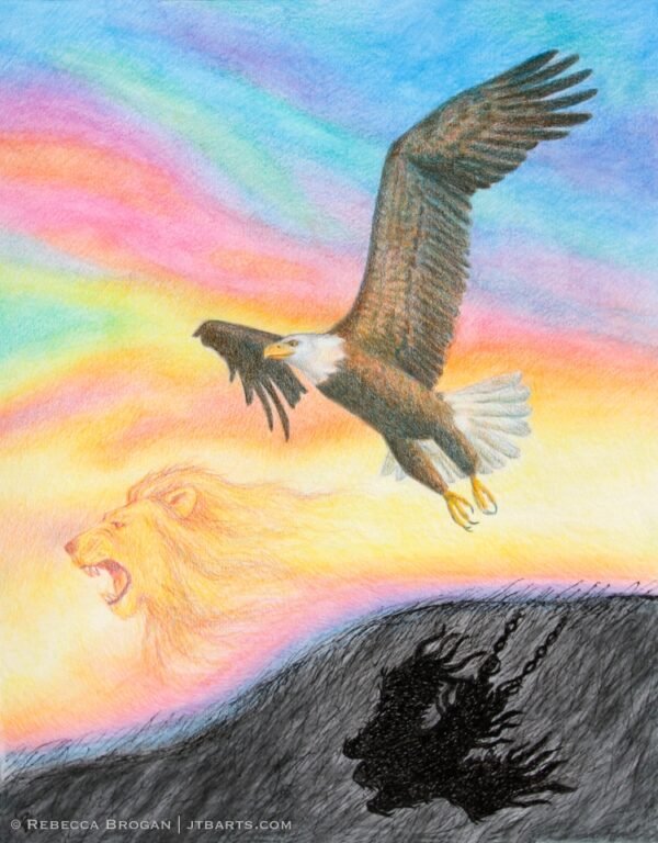 Christian healing and breakthrough artwork. An eagle soaring with broken chains to depression with the Lion of Judah roaring.