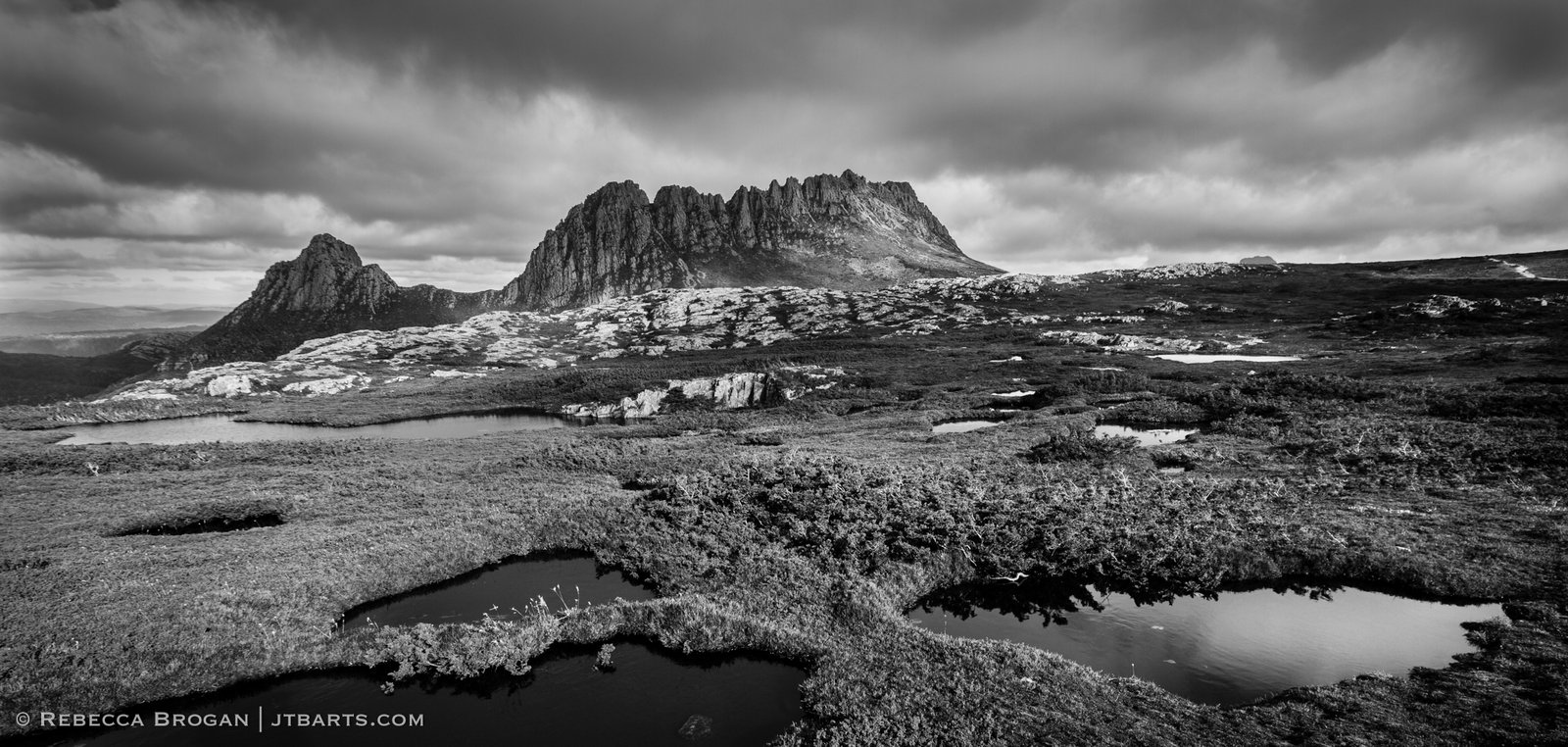 Cradle Mountain from The Overland Track, Tasmania, black and white panorama photo.