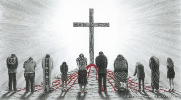 People standing at the foot of the cross of Jesus Christ, repenting of sins. Blood of Jesus flows down. Christian artwork.