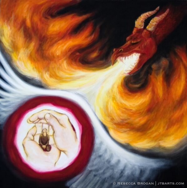 Spiritual warfare artwork of a person in hands of God surrounded by the blood of Jesus underneath the shadow of God's wings attacked by the devil as a dragon. Psalm 91.