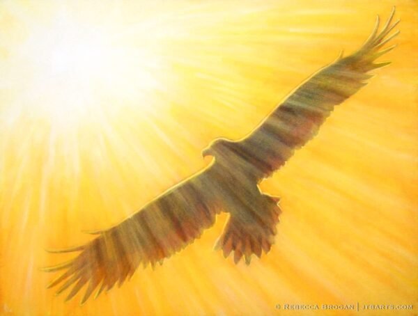 Soaring on wings like eagles, Isaiah 40:30-31. An eagle soaring in light.
