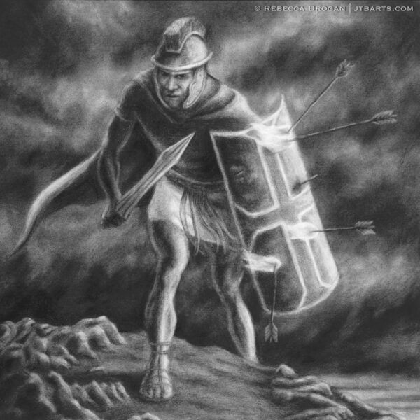 Spiritual warfare artwork image of a soldier in armor of God, engaged in spiritual battle. Ephesians 6:10-18.