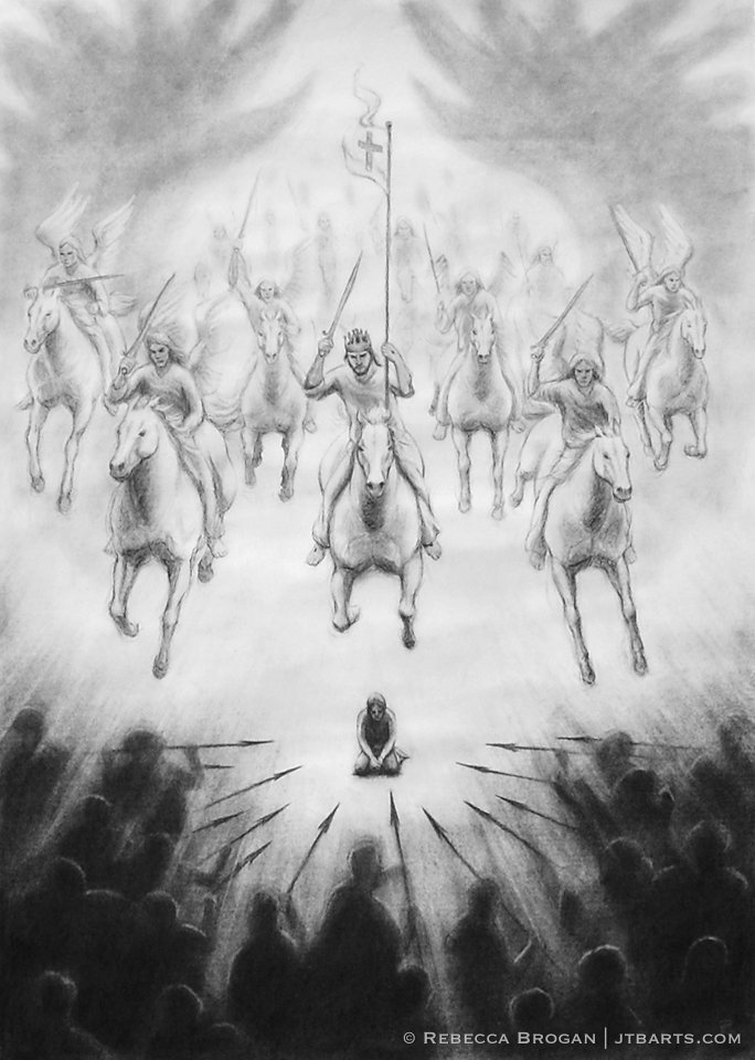 Spiritual warfare Christian artwork of Jesus and an army of angels defeating demons.