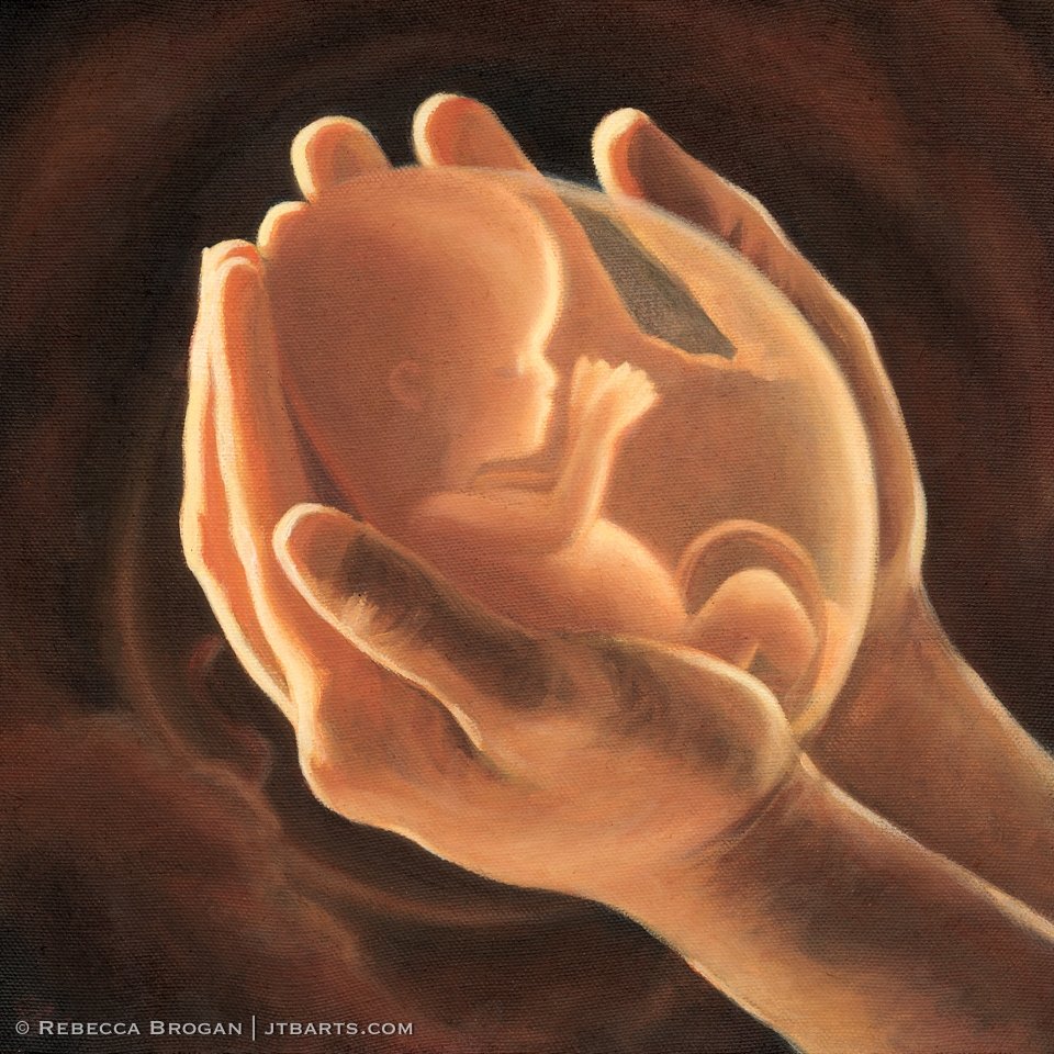 Baby fetus (foetus) in hands of God. Christian art painting of Psalm 139:15-16.