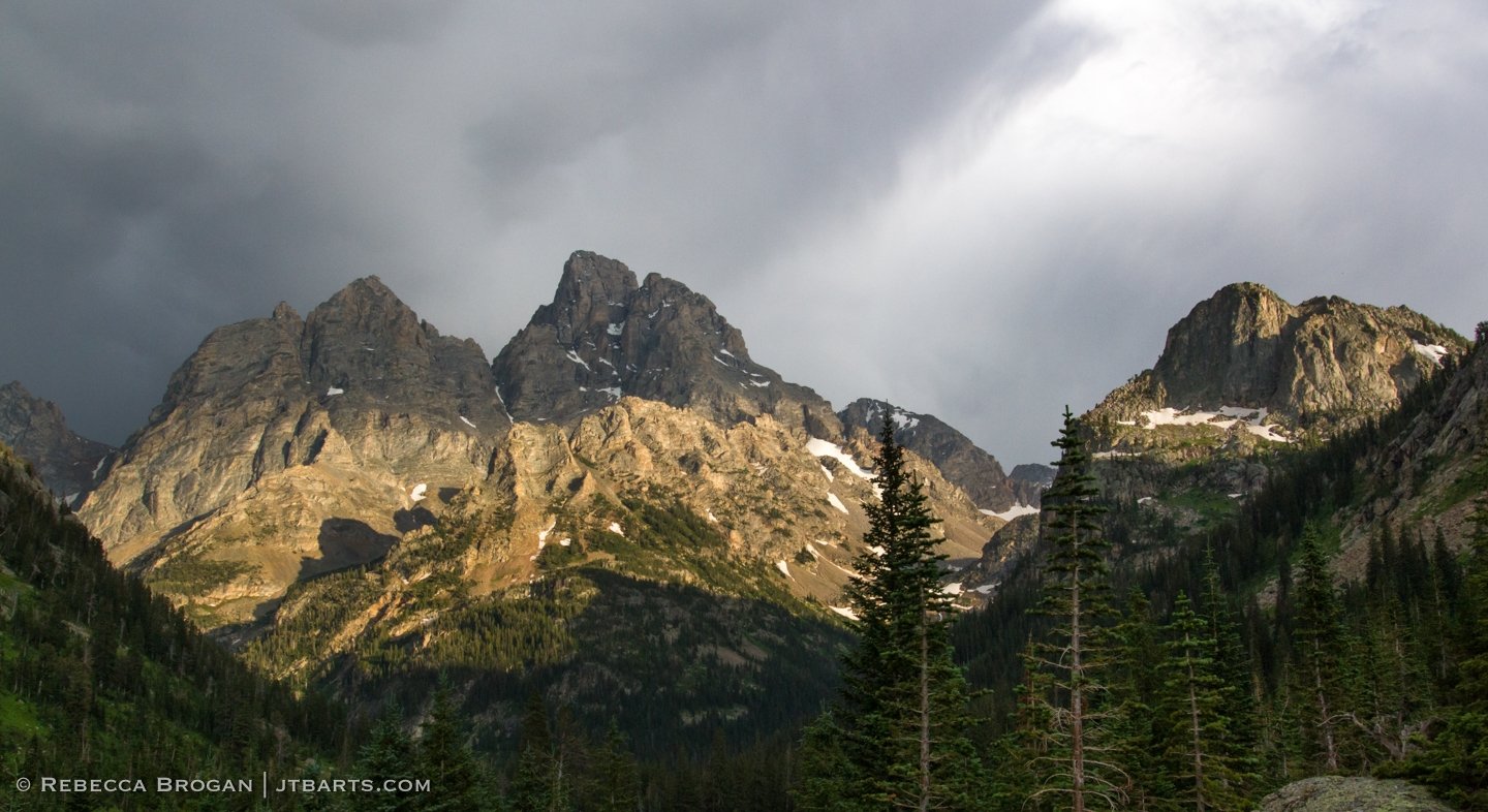 Grand Teton and Mt Owen thunderstorm panorama landscape photograph taken from North Fork Camping Zone in Grand Teton National Park. Wilderness Photographer: Rebecca Brogan www.jtbarts.com