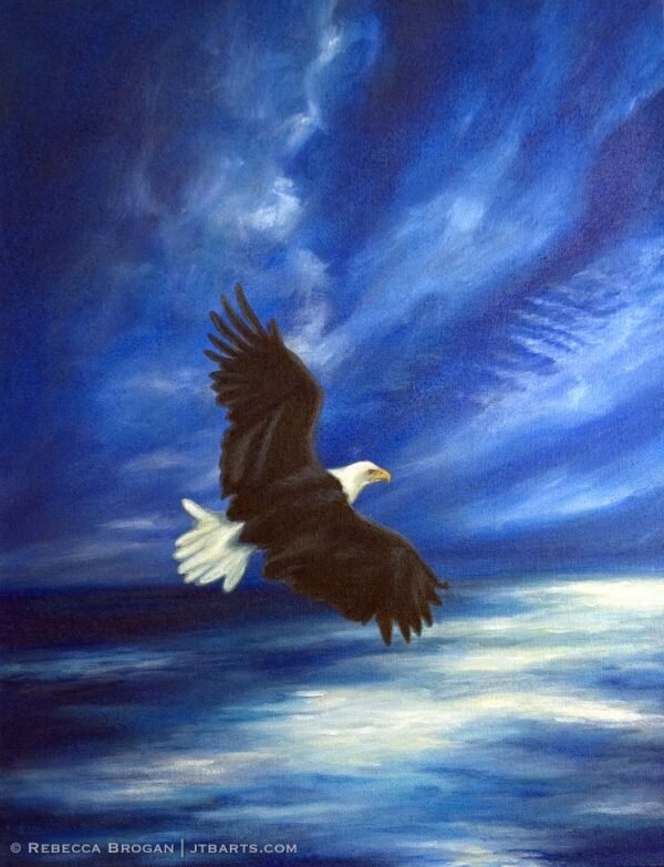 Soar on wings like eagles, Isaiah 40:30-31. Christian art painting of an eagle soaring.