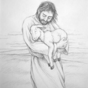 Jesus holding a lamb. Black and white Christian artwork drawing.