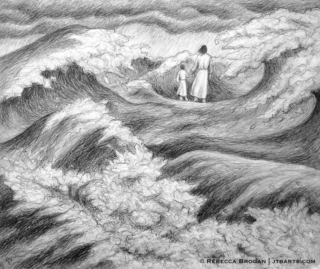 Jesus walking on water. Jesus holding a child's hand. Black and white Christian art.