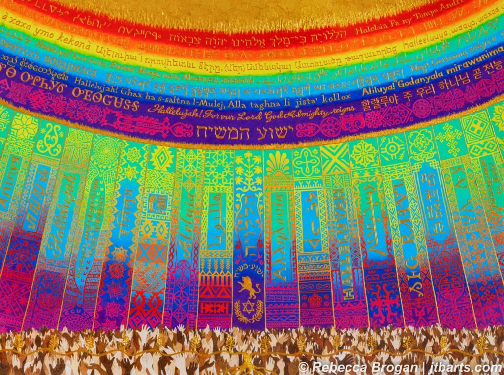 Every Nation, Tribe and Tongue (People and Language) of Revelation 5:9-10, with worshipers at the throne of God in heaven with Hallelujah and Hallelujah! For our Lord God Almighty reigns in many different world languages